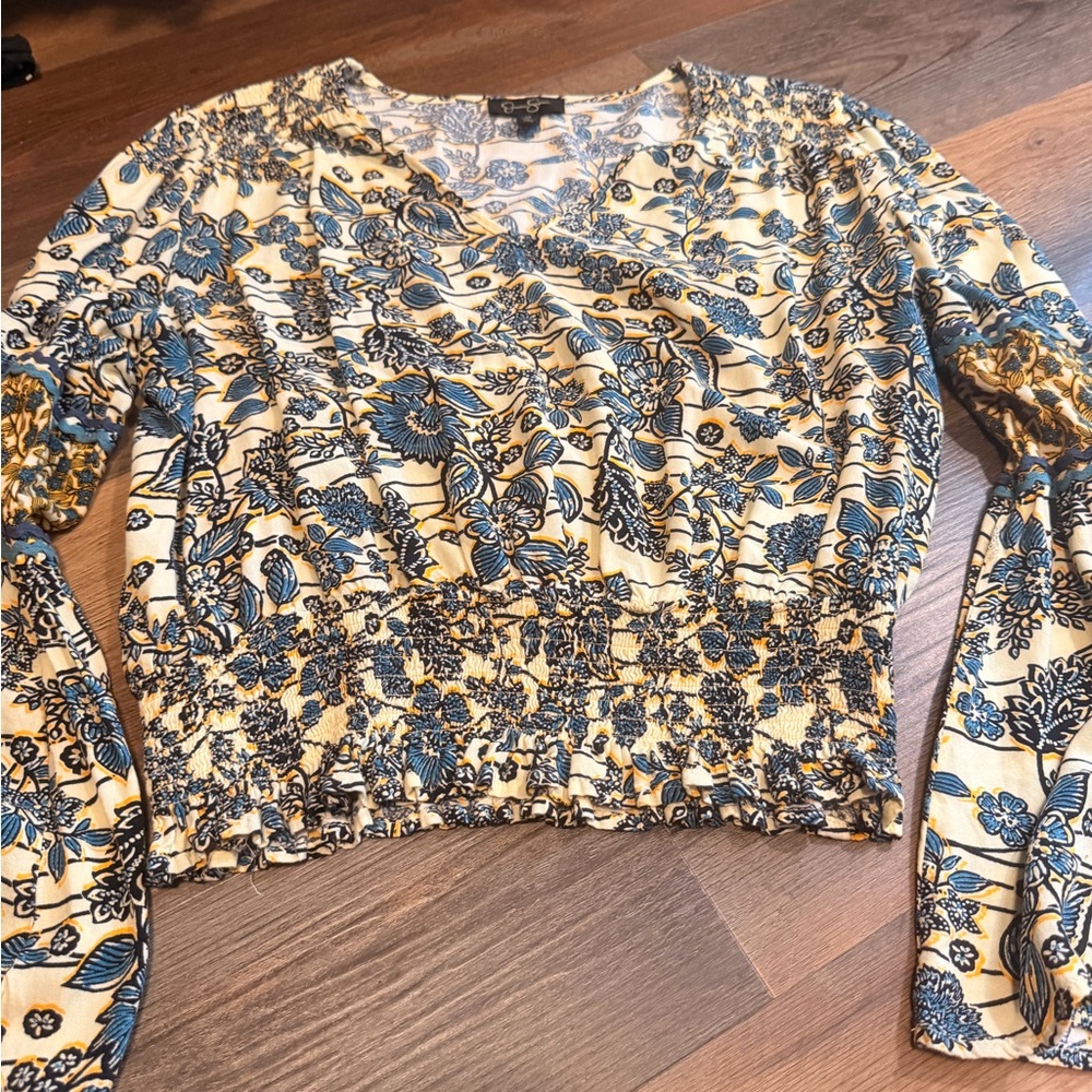 Jessica Simpson Blue Floral Smocked Crop Top on Cream